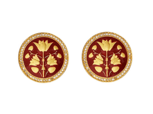 18k Gold Diamond Border Cufflinks With Red Motif Enameling - AGHOR