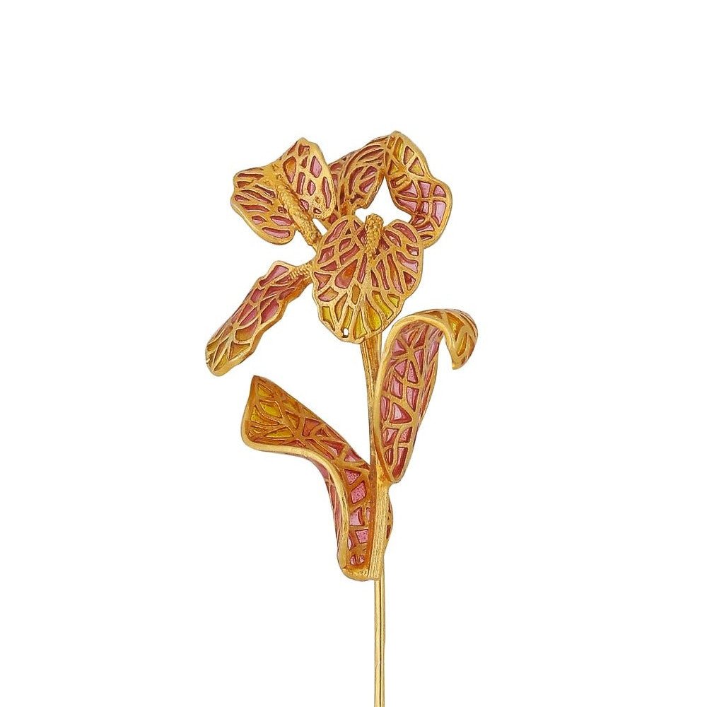 18k Gold Leaf Lapel Pin with Red Flame Enameling - AGHOR