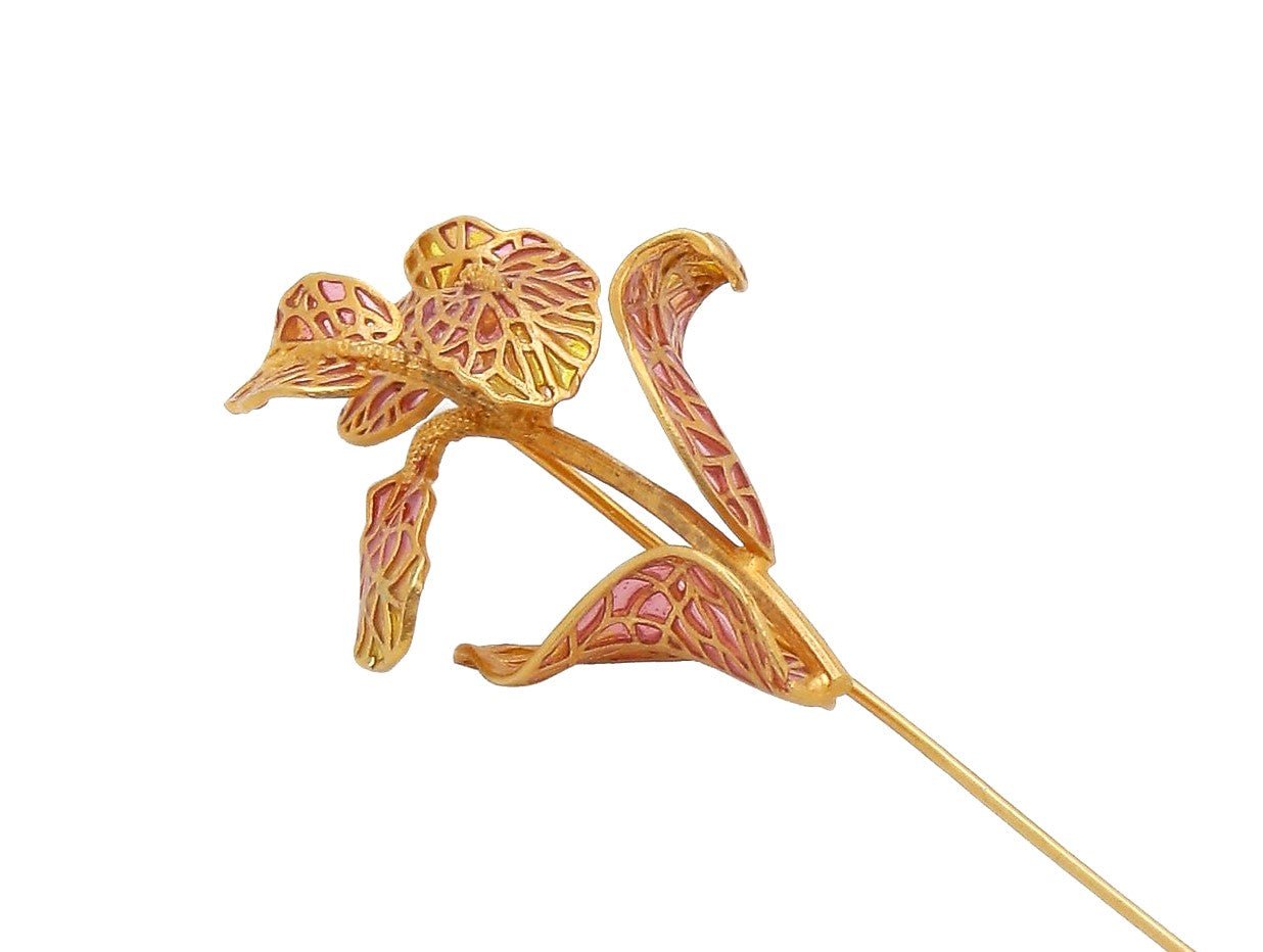 18k Gold Leaf Lapel Pin with Red Flame Enameling - AGHOR